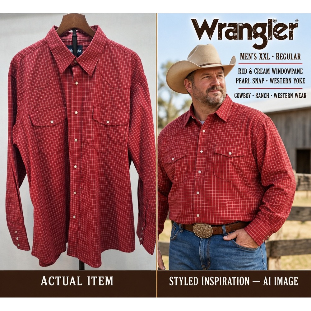 Wrangler Men's Western‎ Shirt Red Grid Check Pearl Snap Long Sleeve Cowboy XXL